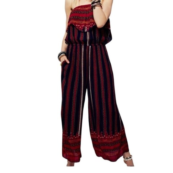 Free People Sz M Simone Flounce Patterned Strapless Jumpsuit  Wide Leg Red Black - Picture 8 of 14